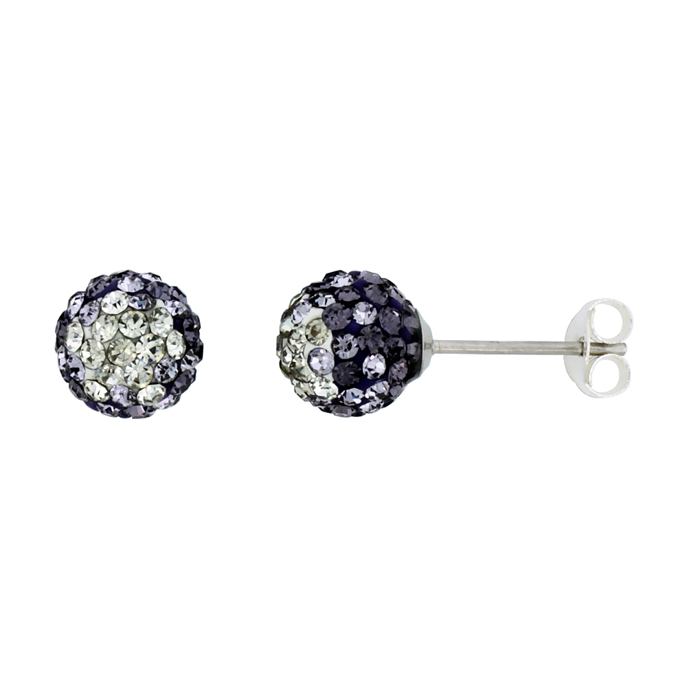 Sterling Silver Crystal Disco Ball Stud Earrings 8mm Round Clear & Purple Color