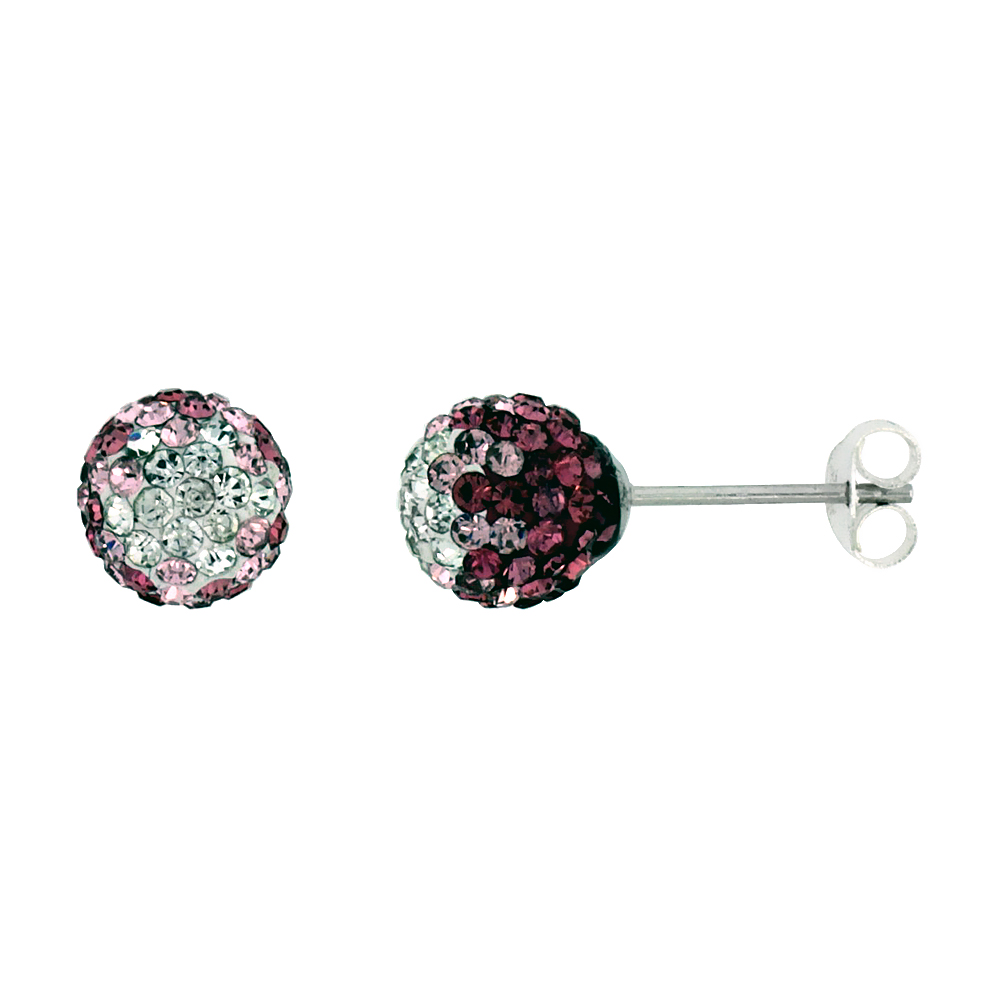 STERLING SILVER CRYSTAL DISCO BALL STUD EARRINGS 8MM ROUND CLEAR & PINK COLOR