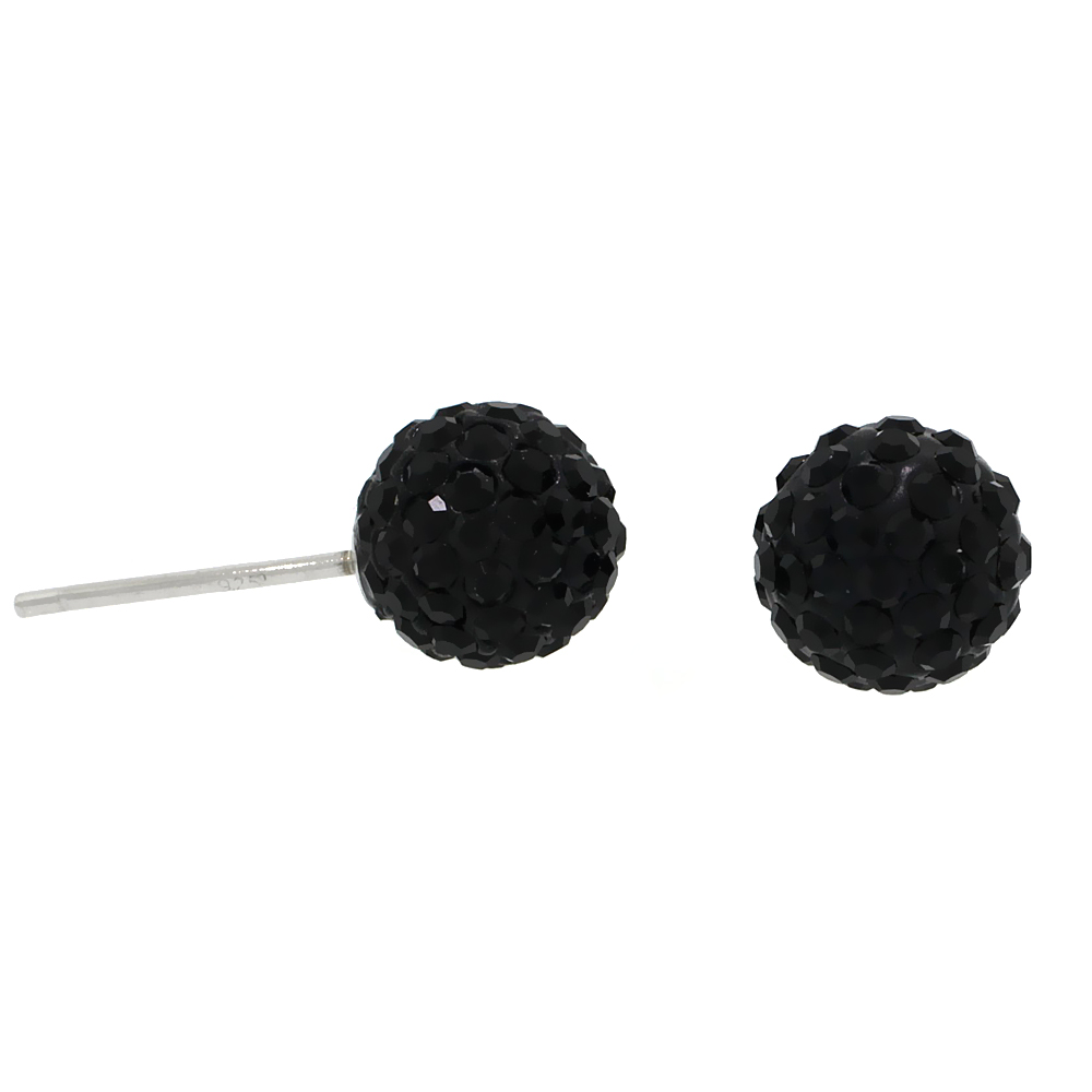 STERLING SILVER 8MM ROUND BLACK DISCO CRYSTAL BALL STUD EARRINGS