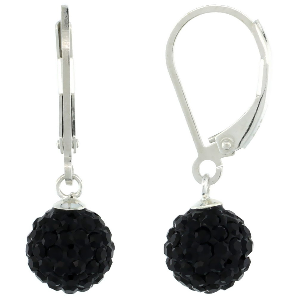 Sterling Silver 8mm Round Black Disco Crystal Ball Lever Back Earrings for Women 1 in. 26 mm tall