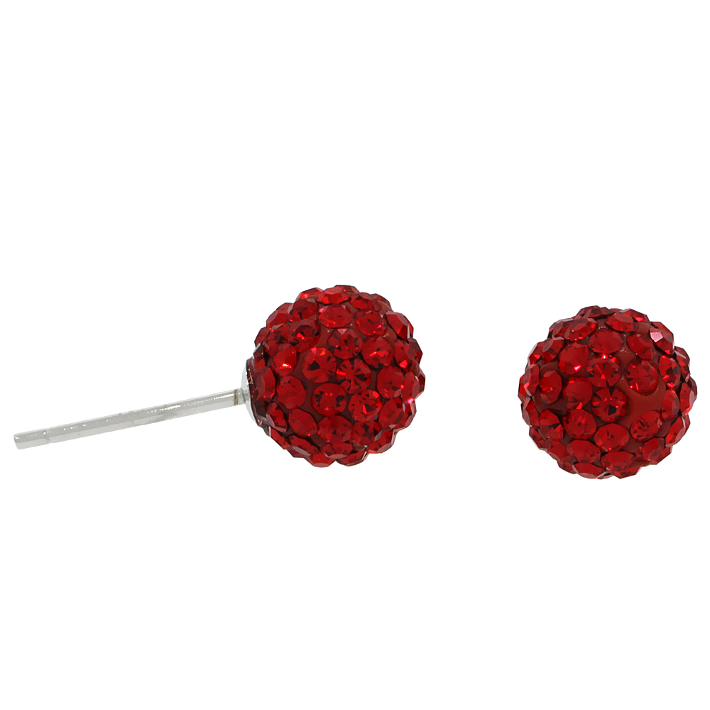 STERLING SILVER 8MM ROUND RED DISCO CRYSTAL BALL STUD EARRINGS