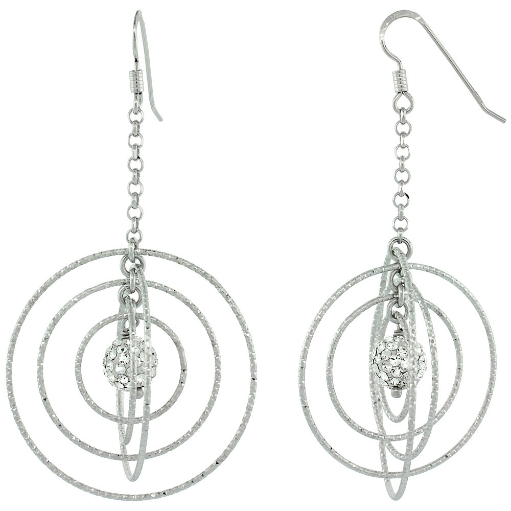 Sterling Silver Dangling Circles Earrings 63mm 2 1/2 inch long Diamond Cut Tubing austrian crystal Ball Center 8mm 1/4 inch diameter