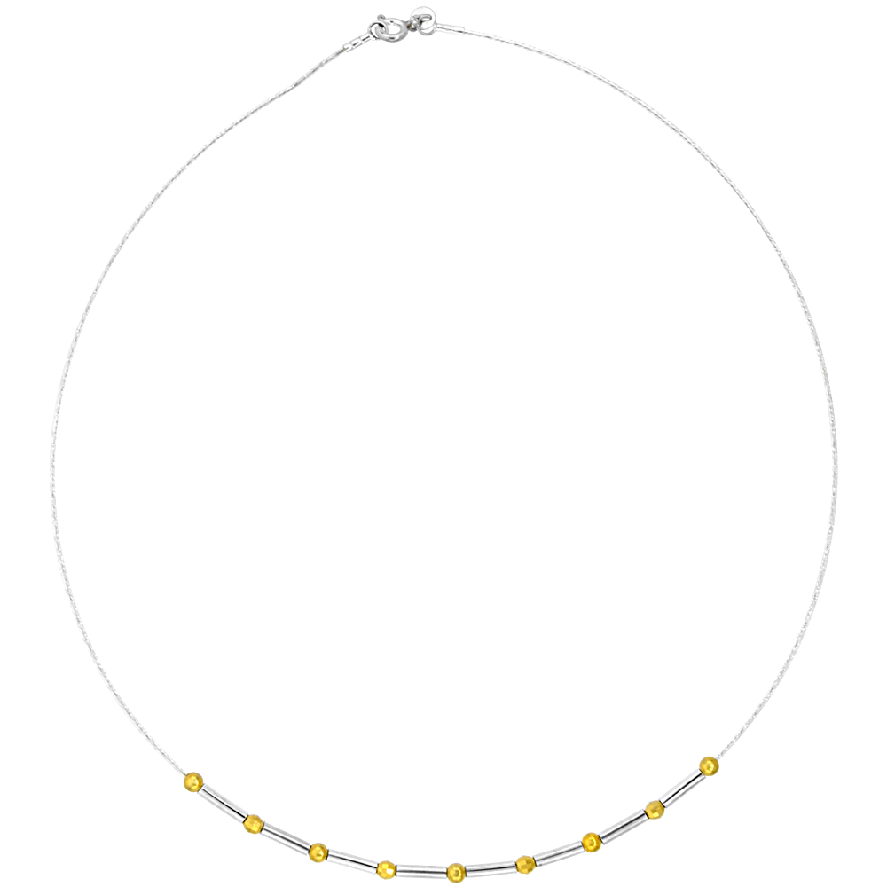Sterling Silver Cable Wire Beaded Necklace for women Bar and Gold Plated Beads 1/8 inch wide