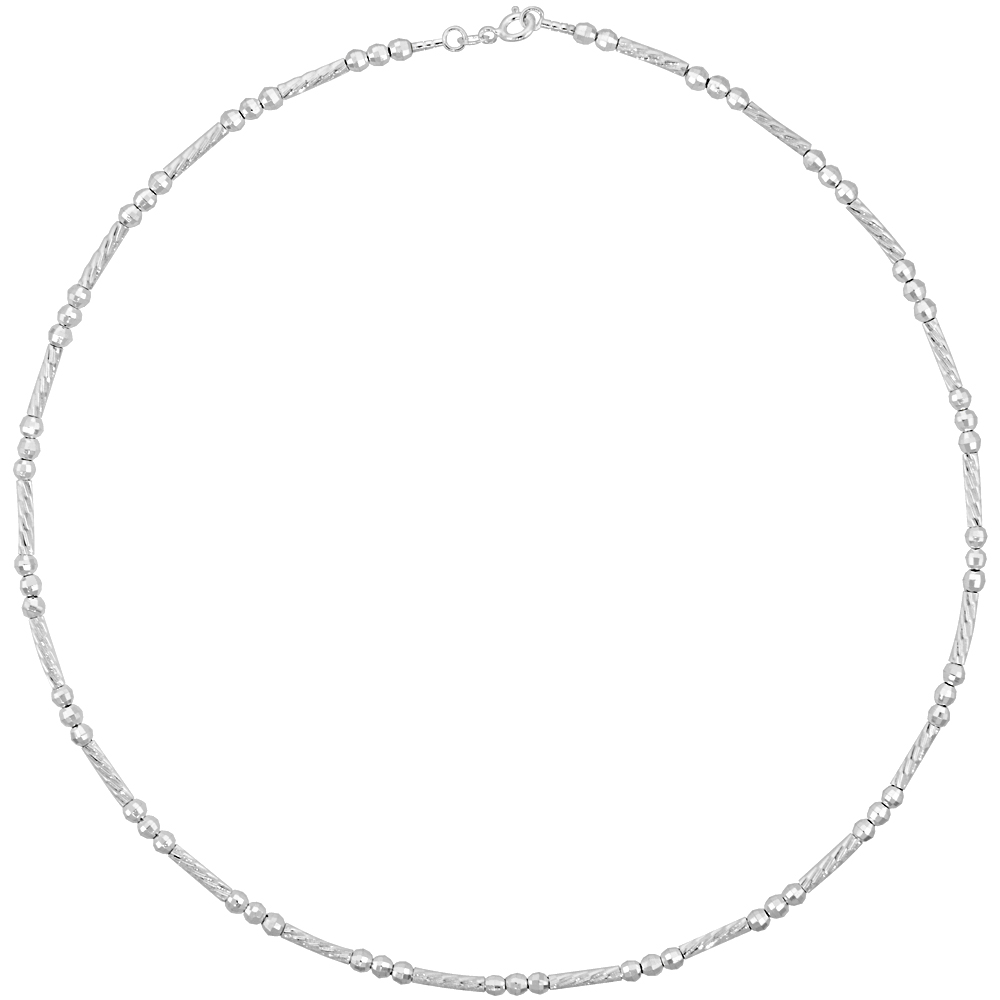 Sterling Silver Cable Wire Beaded Necklace for women Disco Beads &amp; Diamond cut Bar all Around 1/8 inch wide