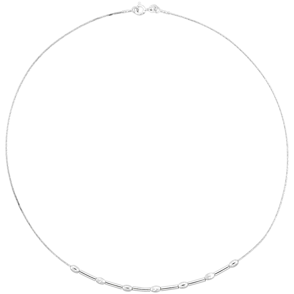 Sterling Silver Cable Wire Beaded Necklace for women Oval Beads & Bars 1/8 inch wide