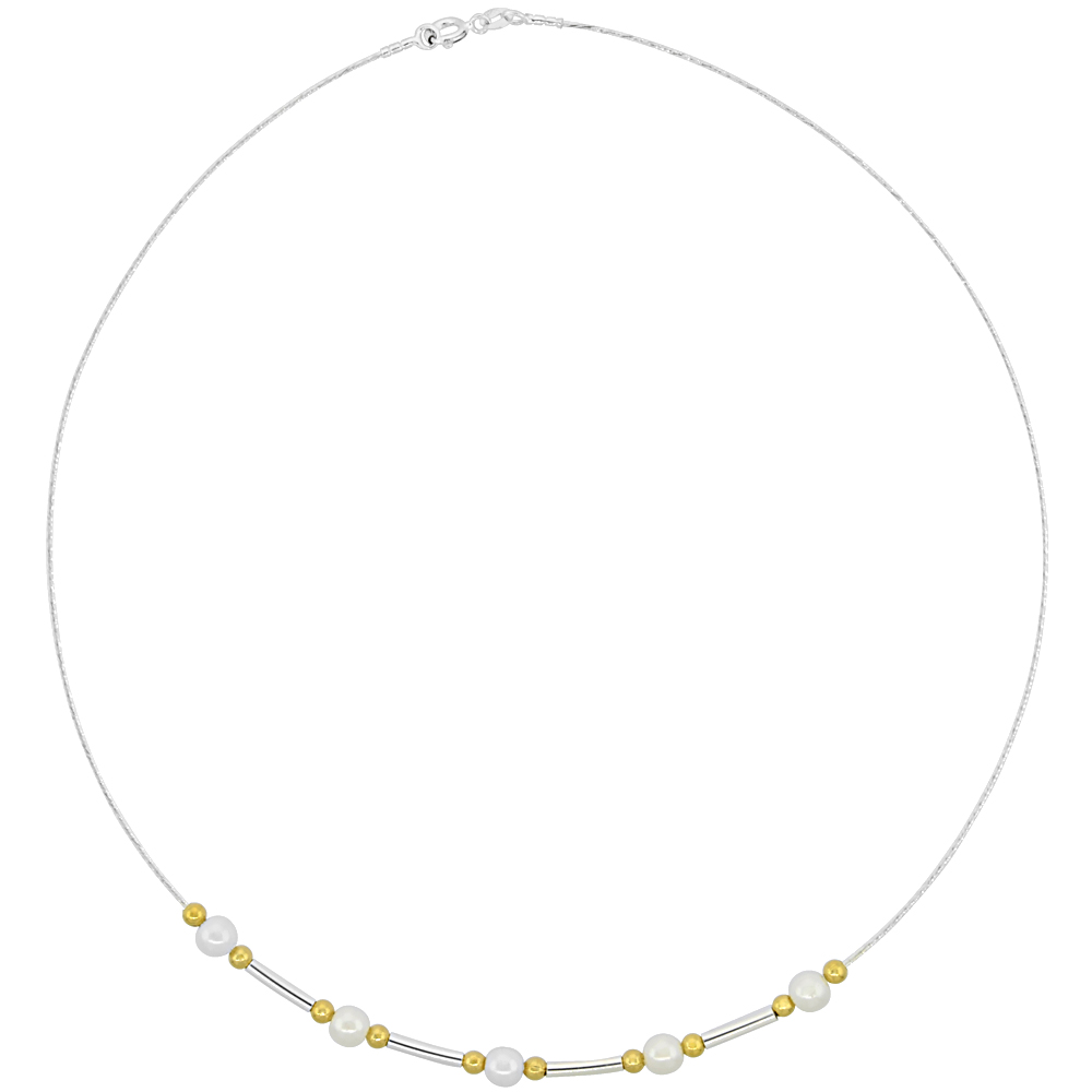 Sterling Silver Cable Wire Beaded Necklace for women Swarovski Pearls Bar Gold Plated Beads & Bars 3/16 inch