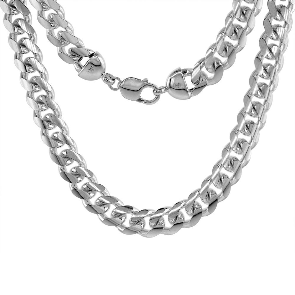 Sterling Silver 12mm Miami Cuban Link Chain Necklaces &amp; Bracelet for Men Domed Surface sizes 8 - 30 inch