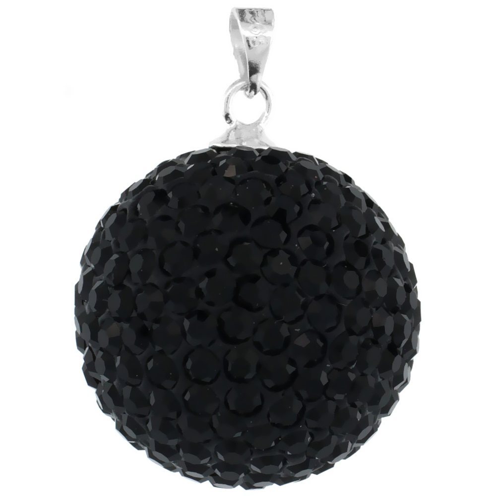 LARGE 20MM STERLING SILVER BLACK CRYSTAL DISCO BALL PENDANT NECKLACE FOR WOMEN