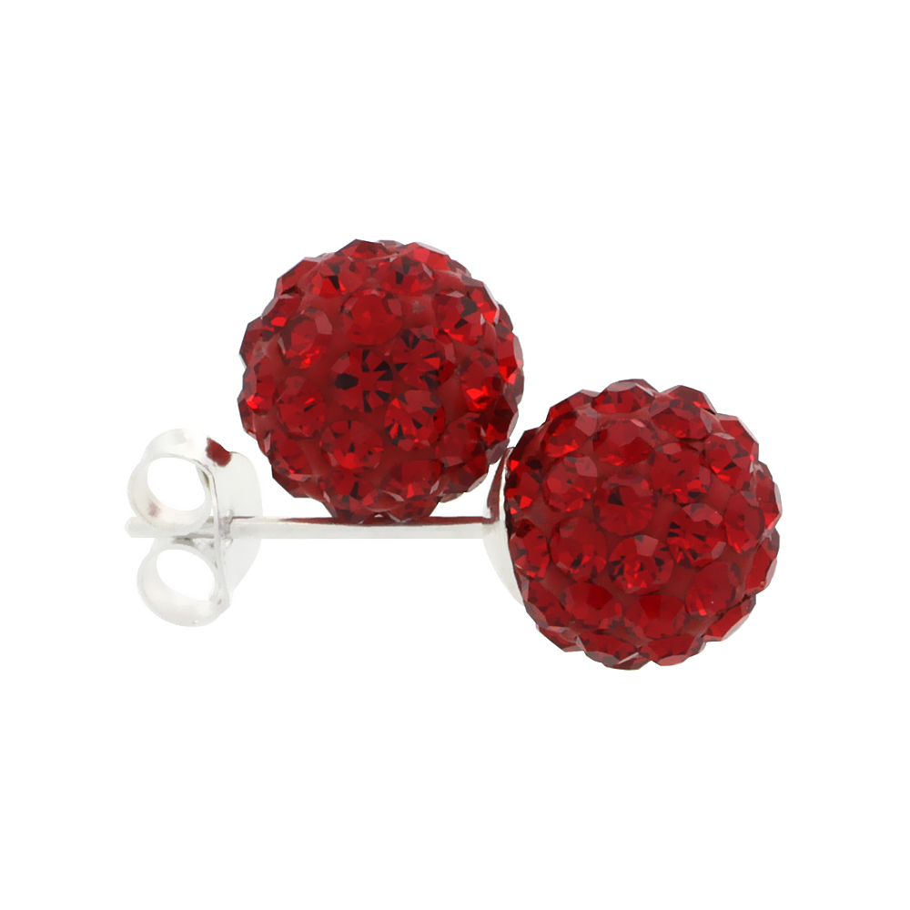 SMALL 8MM STERLING SILVER RUBY RED CRYSTAL DISCO BALL STUD EARRINGS FOR WOMEN JULY BIRTHSTONE