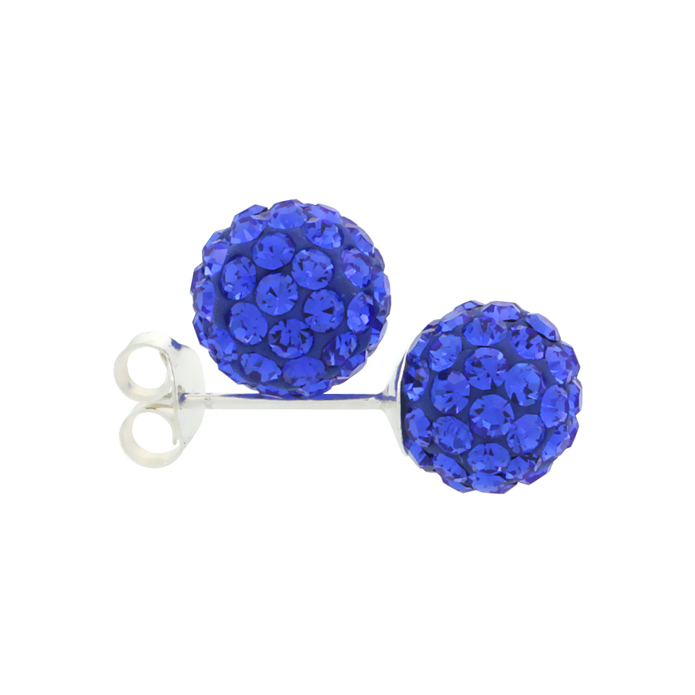 SMALL 8MM STERLING SILVER SAPPHIRE BLUE CRYSTAL DISCO BALL STUD EARRINGS FOR WOMEN SEPTEMBER BIRTHSTONE