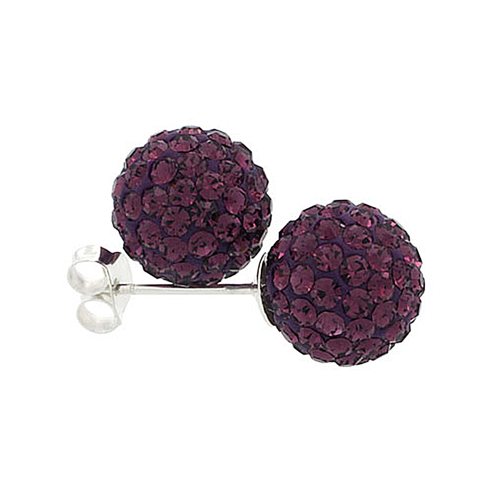 Medium 10mm Sterling Silver Amethyst Purple Crystal Disco Ball Stud Earrings for Women February Birthstone
