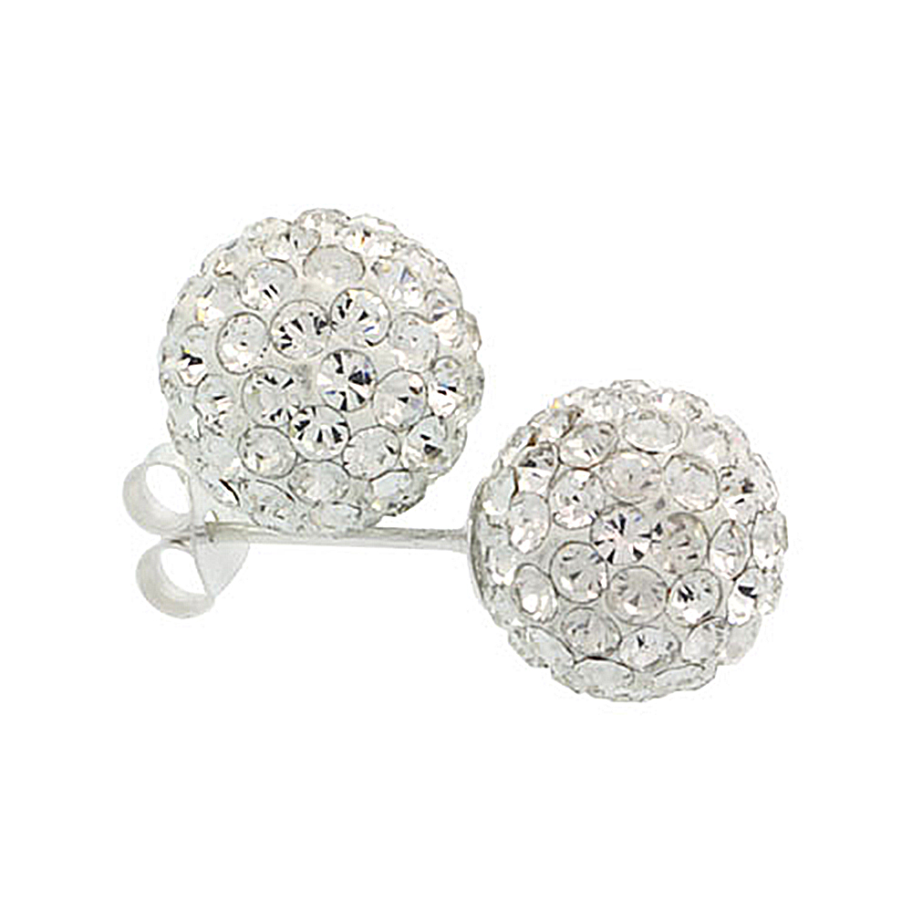 MEDIUM 10MM STERLING SILVER CLEAR WHITE CRYSTAL DISCO BALL STUD EARRINGS FOR WOMEN APRIL BIRTHSTONE