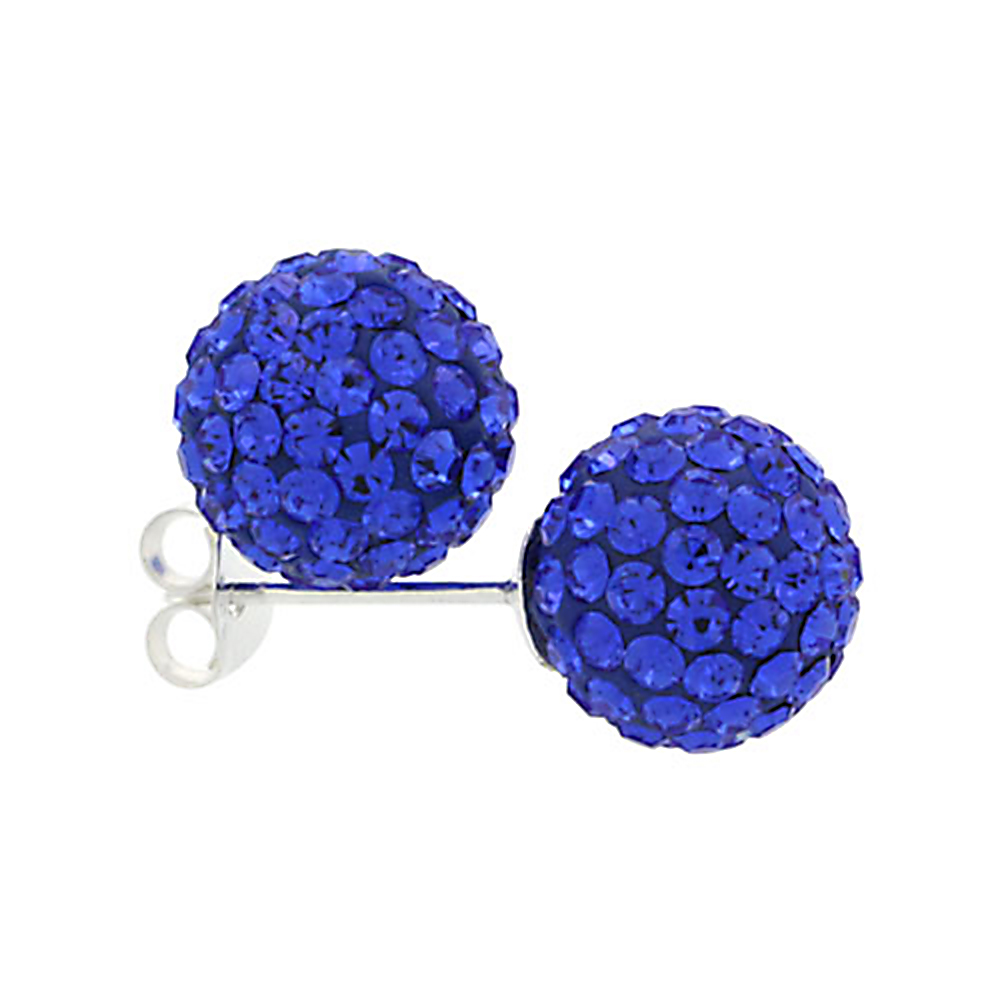 MEDIUM 10MM STERLING SILVER SAPPHIRE BLUE CRYSTAL DISCO BALL STUD EARRINGS FOR WOMEN SEPTEMBER BIRTHSTONE