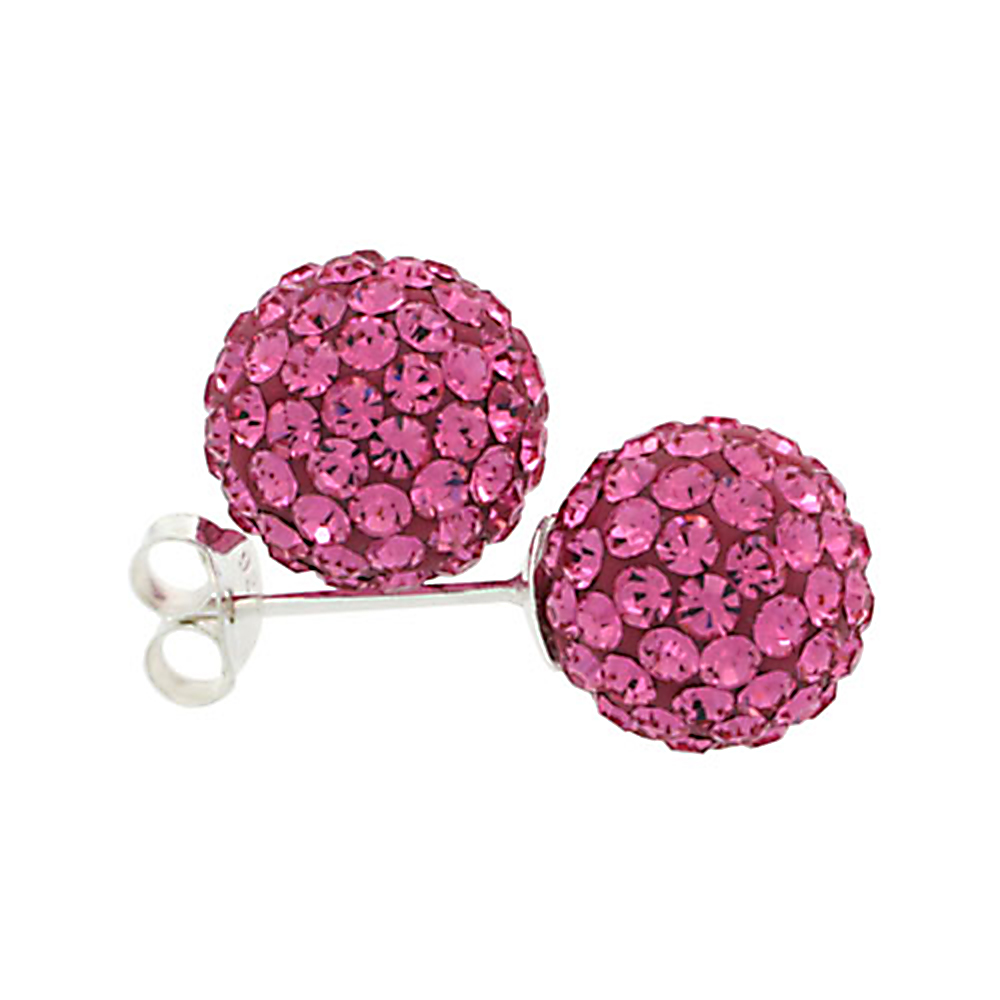 Medium 10mm Sterling Silver Pink Tourmaline Pink Crystal Disco Ball Stud Earrings for Women October Birthstone