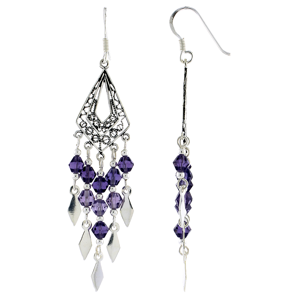 Sterling Silver Amethyst Purple Crystals Chandelier Earrings for Women Triangular Filigree Dangle Fish Hook Handmade 2 3/8 inches long