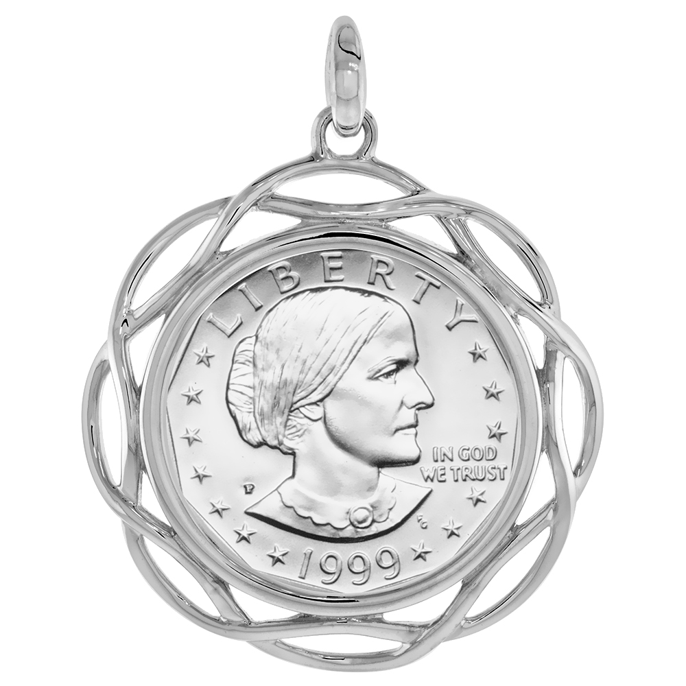 STERLING SILVER BRAIDED EDGE SUSAN B. ANTHONY BEZEL PENDANT FOR SACAGAWEA 26 MM COINS PRONG BACK COIN NOT INCLUDED