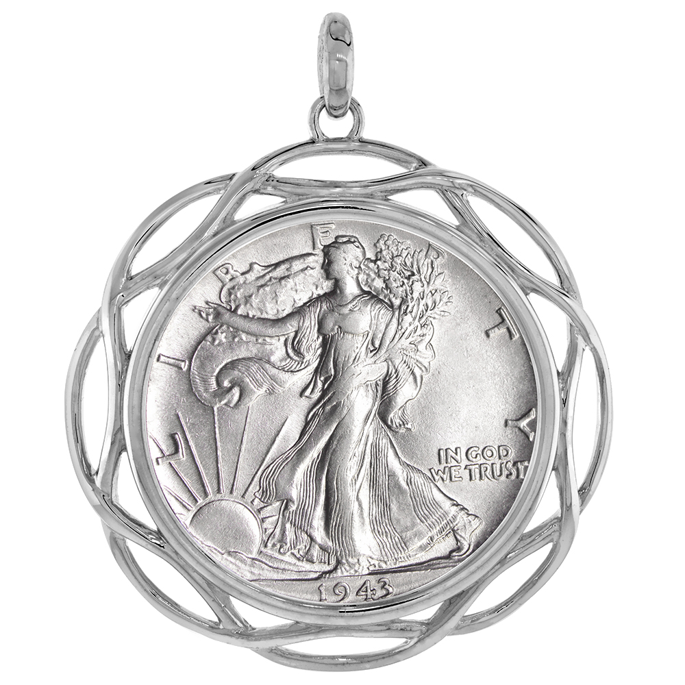 Sterling Silver Braided Edge Half Dollar Bezel Pendant for 30 mm Coins Prong Back 50 Cent Coin NOT Included