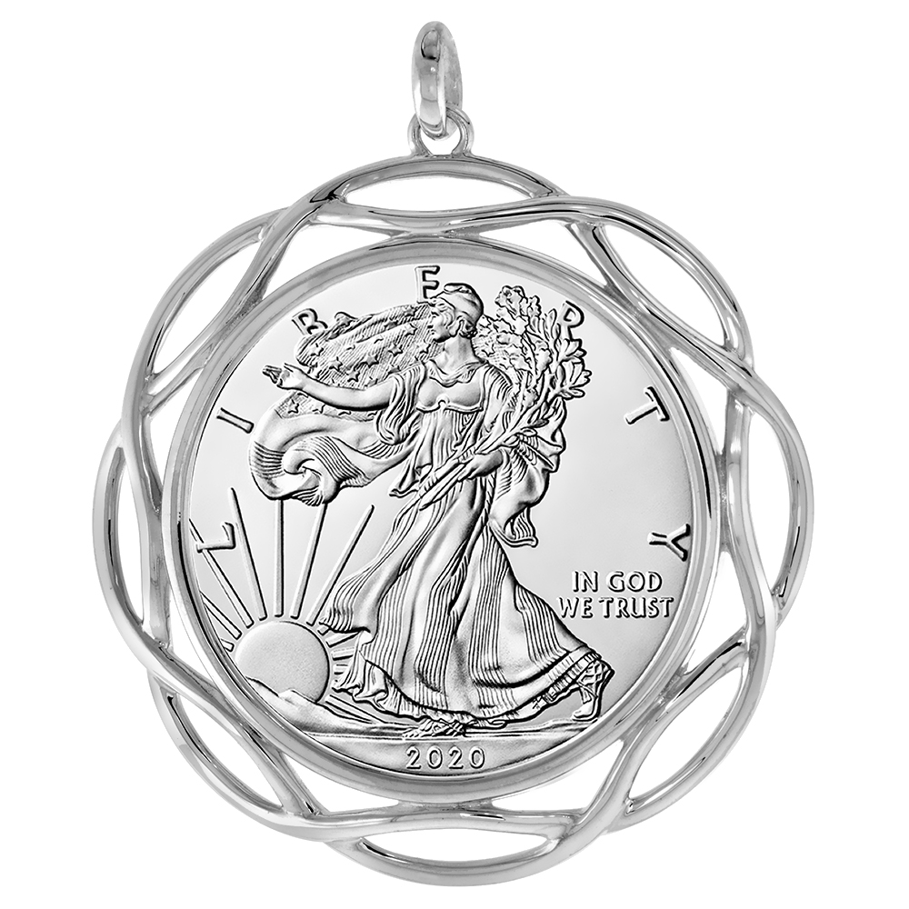 Sterling Silver Braided Edge Silver Braided Edge Eagle Bezel Pendant for 41 mm Coins Prong Back 1 oz Coin NOT Included