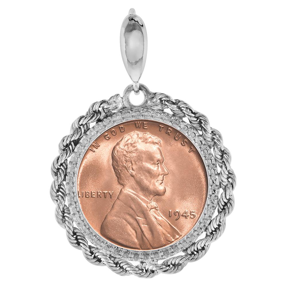 STERLING SILVER PENNY ROPE BEZEL PENDANT FOR MEN AND WOMEN ILLUSION DIAMOND PRONG BACK FITS 19MM 1 CENT COIN NOT INCLUDED