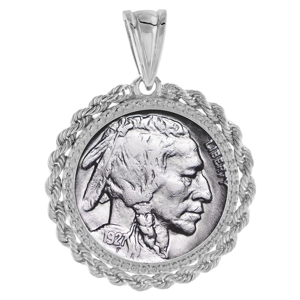 STERLING SILVER NICKEL ROPE BEZEL PENDANT FOR MEN AND WOMEN ILLUSION DIAMOND PRONG BACK FITS 22MM 5 CENT COIN NOT INCLUDED