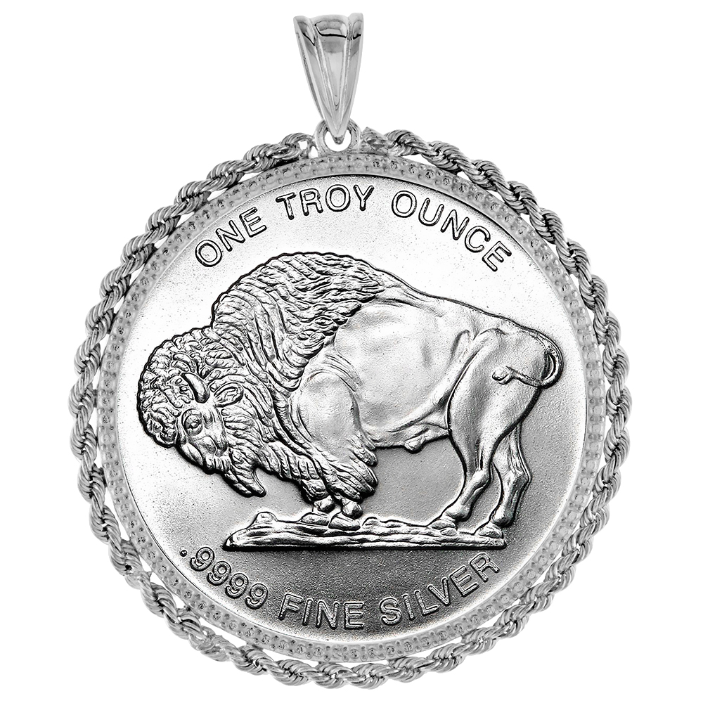 STERLING SILVER 39MM COIN ROPE BEZEL PENDANT FOR MEN AND WOMEN PRONG BACK ILLUSION DIAMOND FITS 1 OZ SILVER ROUNDS CASINO CHIPS MEXICAN CIEN PESOS COIN NOT INCLUDED