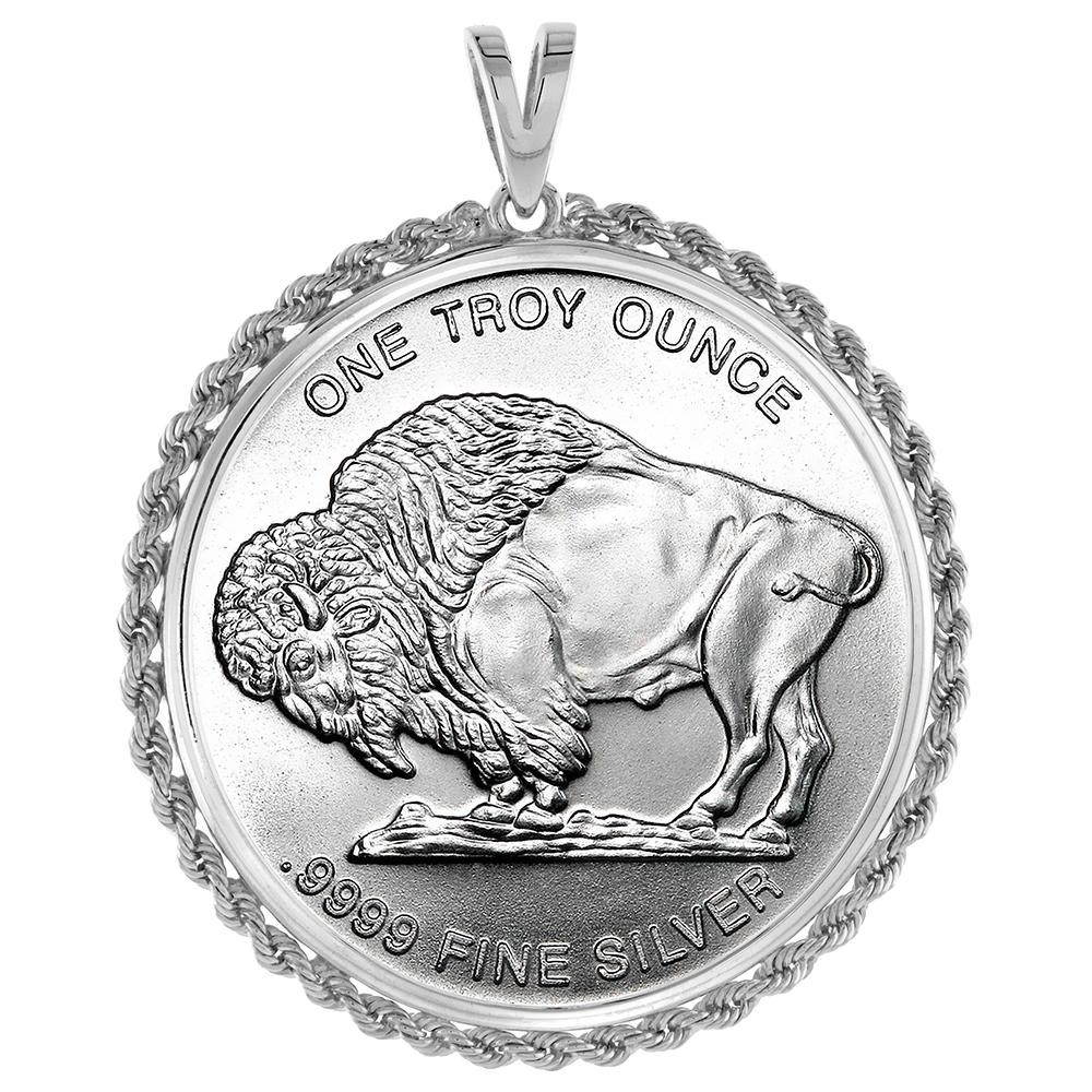 STERLING SILVER 39MM COIN ROPE BEZEL PENDANT FOR MEN AND WOMEN PRONG BACK ROUNDED FITS 1 OZ SILVER ROUNDS CASINO CHIPS MEXICAN CIEN PESOS COIN NOT INCLUDED