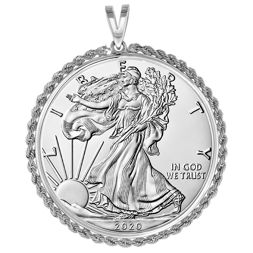 STERLING SILVER SILVER EAGLE ROPE BEZEL PENDANT FOR MEN AND WOMEN ROUNDED PRONG BACK FITS 41MM 1 OZ COIN NOT INCLUDED