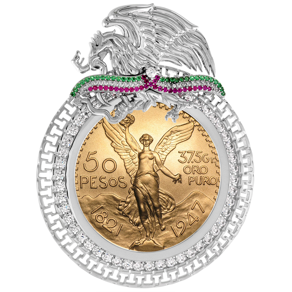 STERLING SILVER TRICOLOR CZ 37MM CENTENARIO 50 PESO GOLD COIN BEZEL MEXICAN COAT OF ARMS COIN NOT INCLUDED