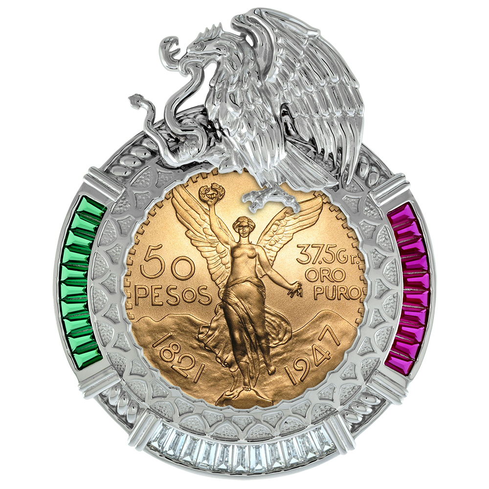 STERLING SILVER TRICOLOR BAGUETTE CUT CZ CENTENARIO BEZEL FOR 50 PESO GOLD 37MM COIN NOT INCLUDED MEXICO COAT OF ARMS