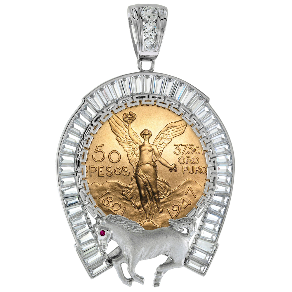 STERLING SILVER BAGUETTE CZ HORSE & HORSESHOE MEXICAN 50 PESO GOLD CENTENARIO COIN BEZEL 37MM COIN NOT INCLUDED