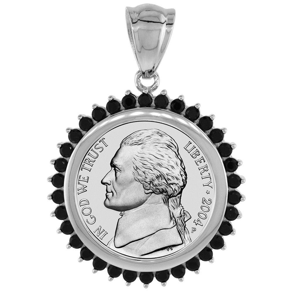 STERLING SILVER CUBIC ZIRCONIA NICKEL BEZEL BLACK CZ HALO 21 MM COINS PRONG BACK 5 CENT COIN NOT INCLUDED