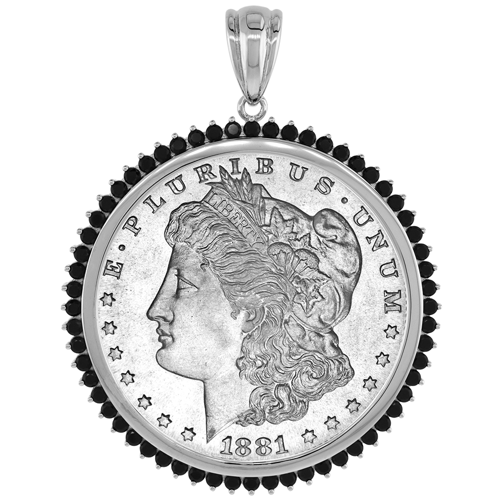 STERLING SILVER CUBIC ZIRCONIA SILVER DOLLAR BEZEL BLACK CZ HALO 38 MM MEXICAN OLYMPIC COINS PRONG BACK COIN NOT INCLUDED