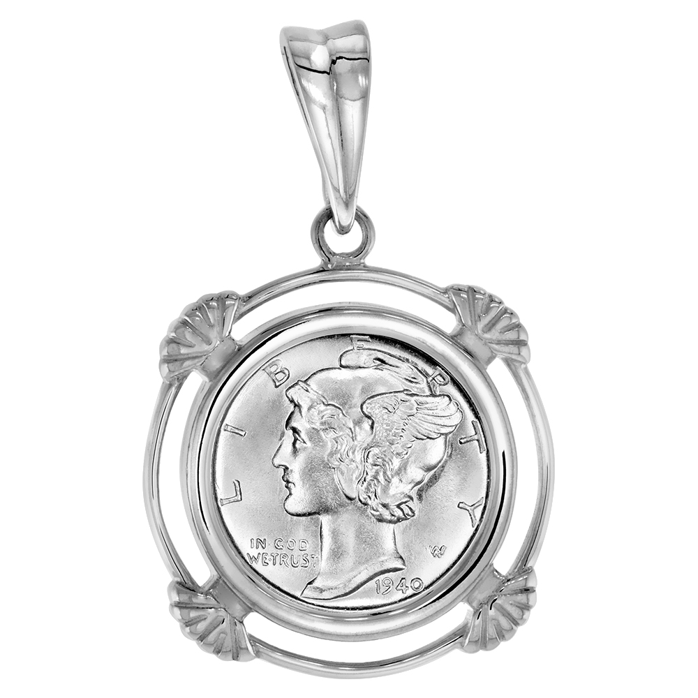 Sterling Silver Clamshell Edge Dime Bezel Pendant for 18 mm Coins Prong Back 10 cent Coin NOT Included