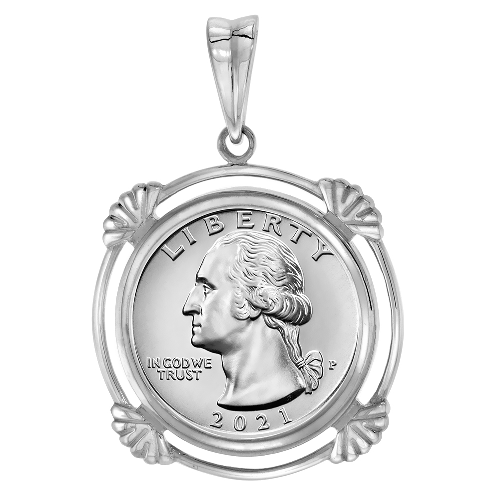 STERLING SILVER CLAMSHELL EDGE QUARTER DOLLAR BEZEL PENDANT FOR 24 MM COINS PRONG BACK 25 CENT COIN NOT INCLUDED