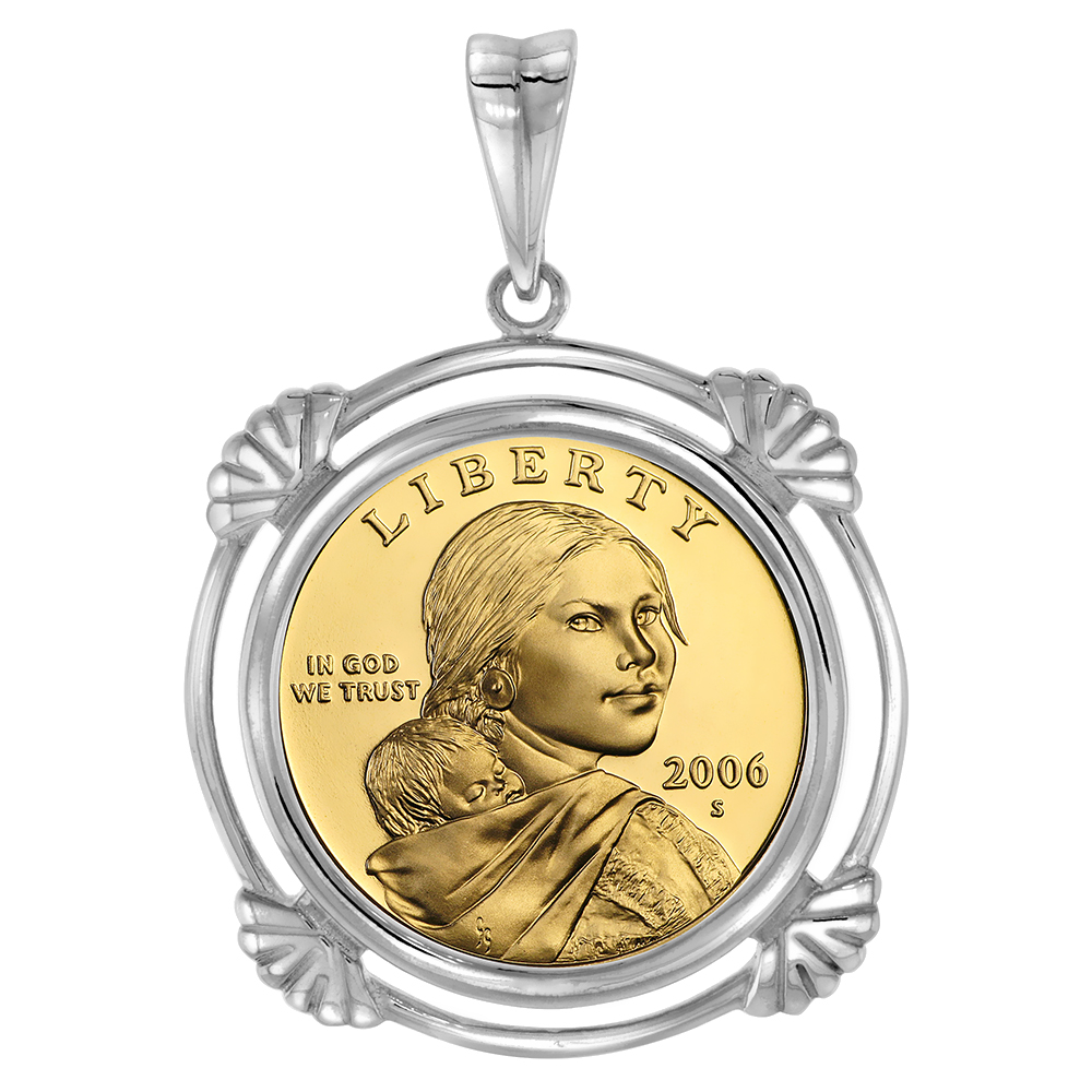 Sterling Silver Clamshell Edge Susan B. Anthony Bezel Pendant for Sacagawea 26 mm Coins Prong Back Coin NOT Included