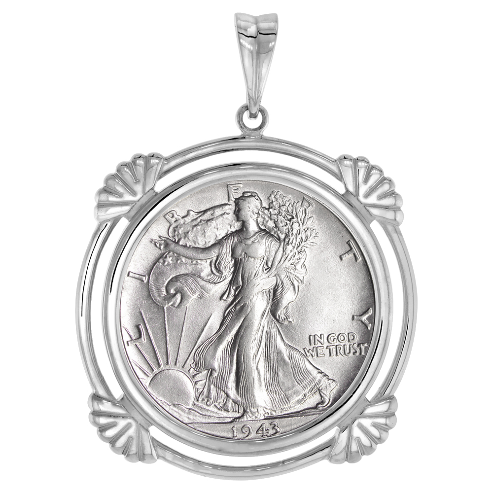 Sterling Silver Clamshell Edge Half Dollar Bezel Pendant for 30 mm Coins Prong Back 50 Cent Coin NOT Included