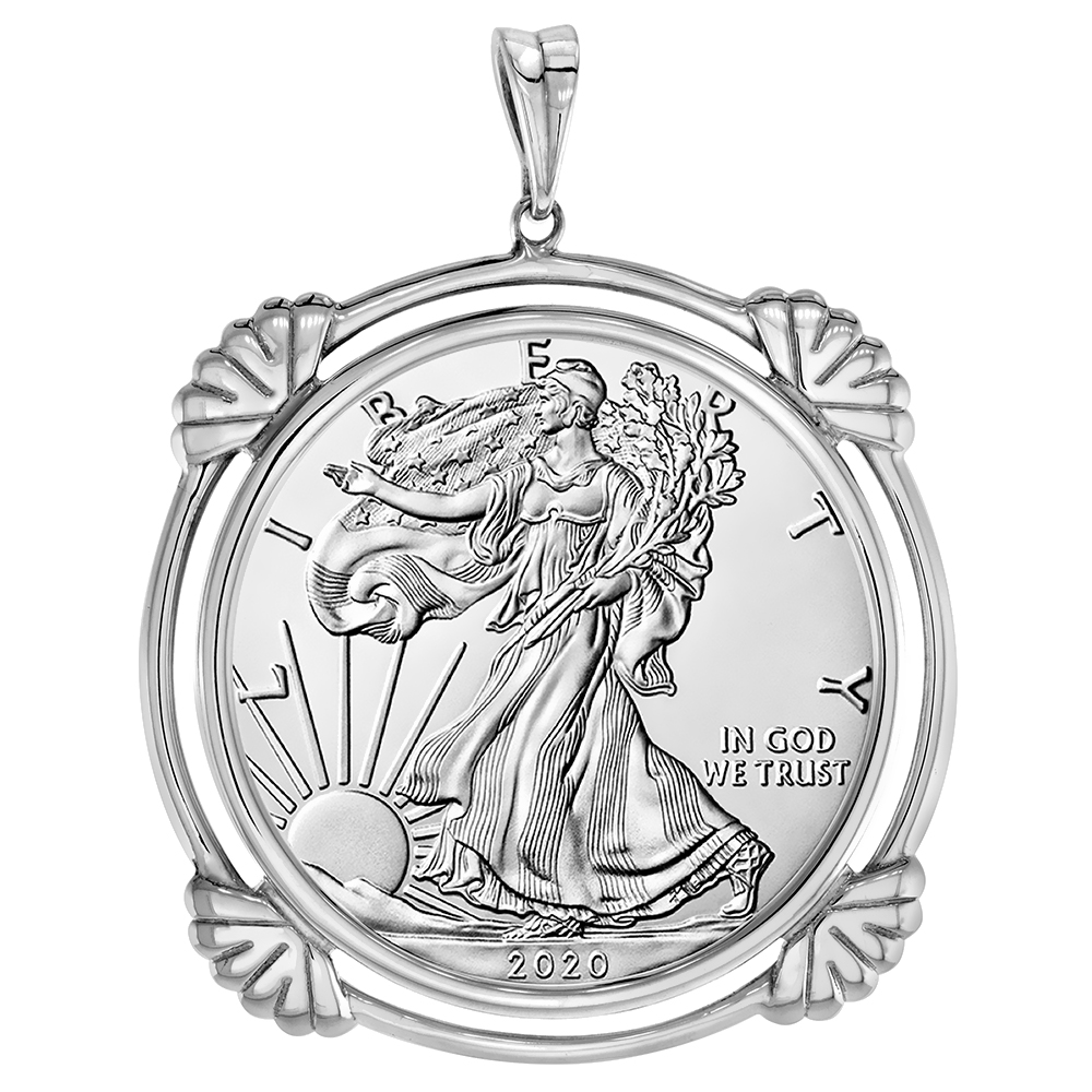 STERLING SILVER CLAMSHELL EDGE SILVER CLAMSHELL EDGE EAGLE BEZEL PENDANT FOR 41 MM COINS PRONG BACK 1 OZ COIN NOT INCLUDED