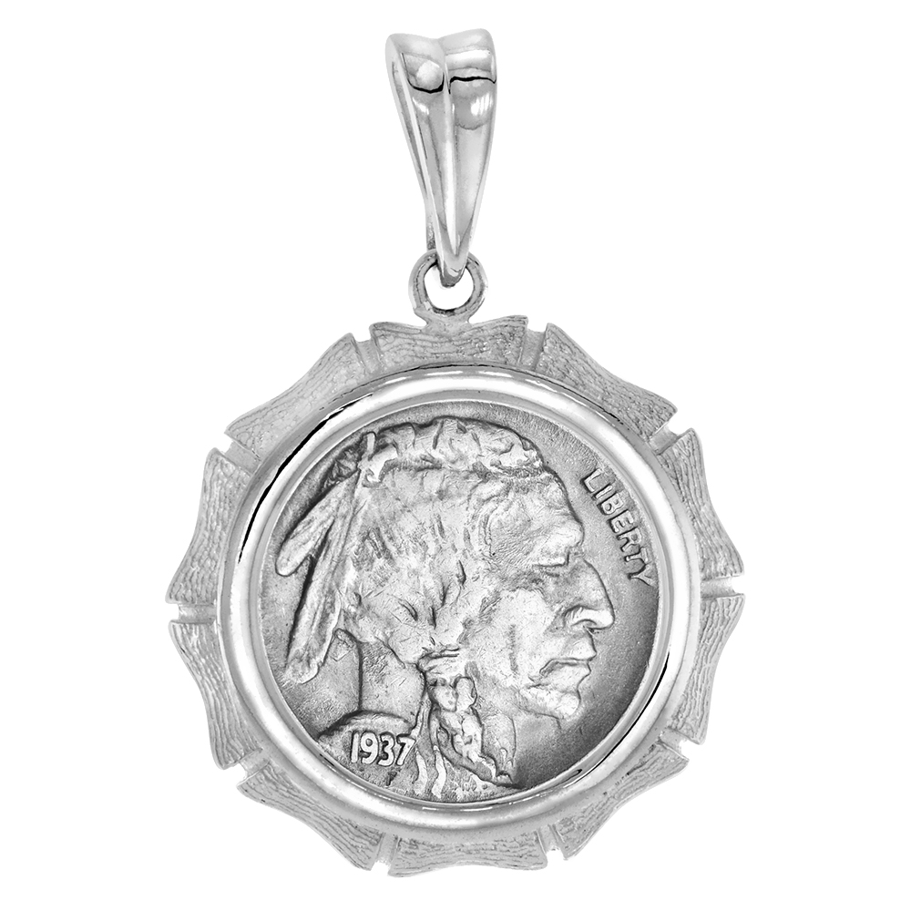 Sterling Silver Bamboo Shape Edge Nickel Bezel Pendant for 21 mm Coins Prong Back 5 Cent Coin NOT Included