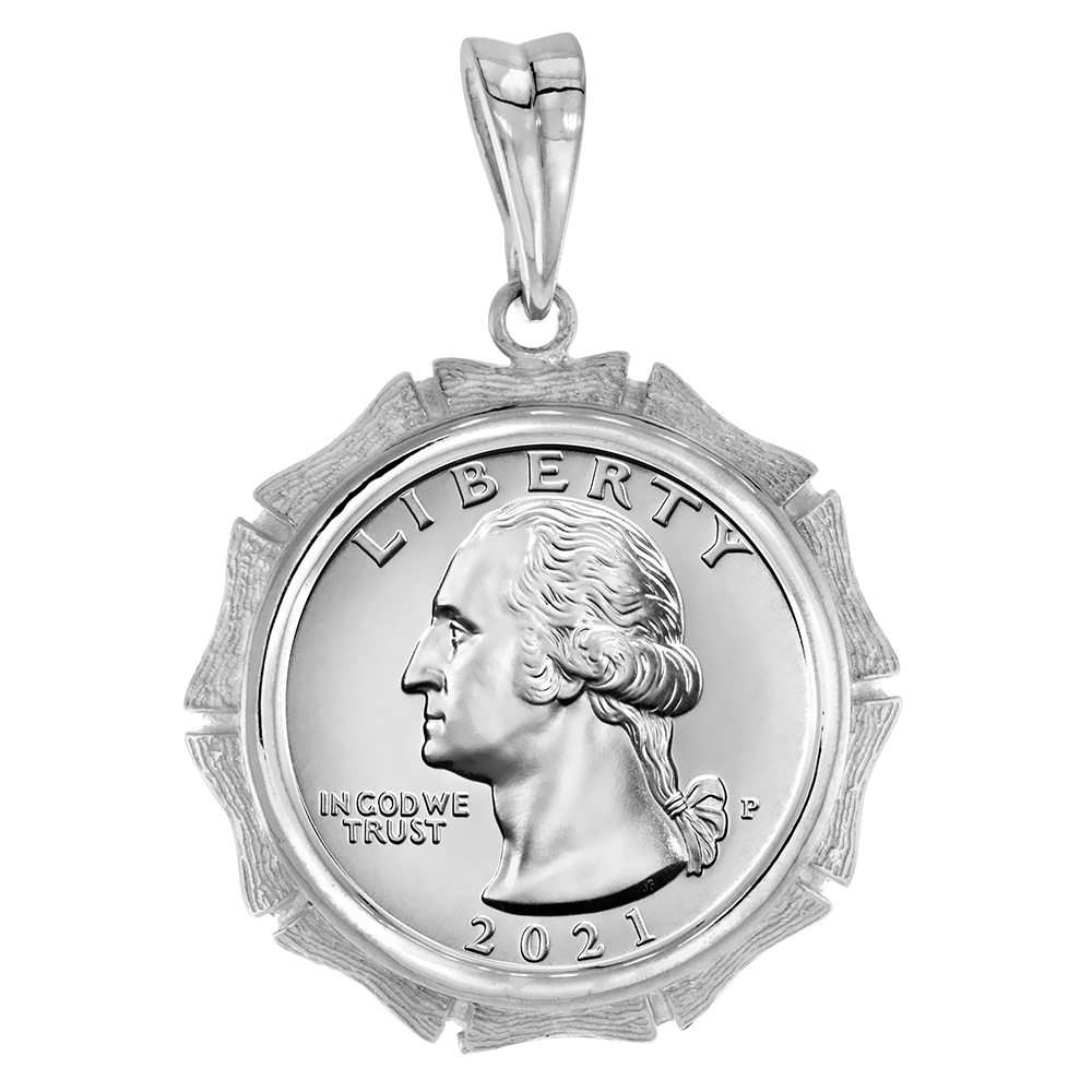 Sterling Silver Bamboo Shape Edge Quarter Dollar Bezel Pendant for 24 mm Coins Prong Back 25 Cent Coin NOT Included