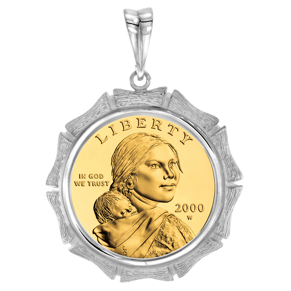 Sterling Silver Bamboo Shape Edge Susan B. Anthony Bezel Pendant for Sacagawea 26 mm Coins Prong Back Coin NOT Included