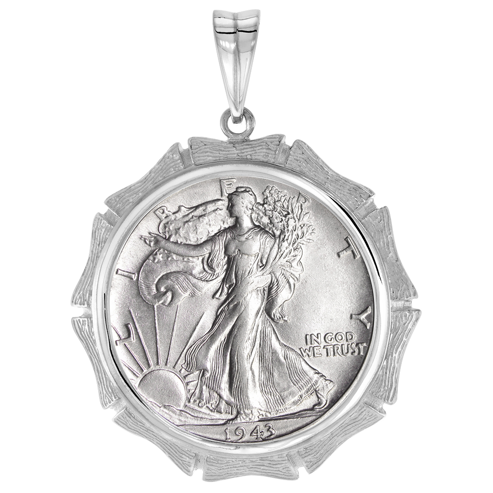 Sterling Silver Bamboo Shape Edge Half Dollar Bezel Pendant for 30 mm Coins Prong Back 50 Cent Coin NOT Included