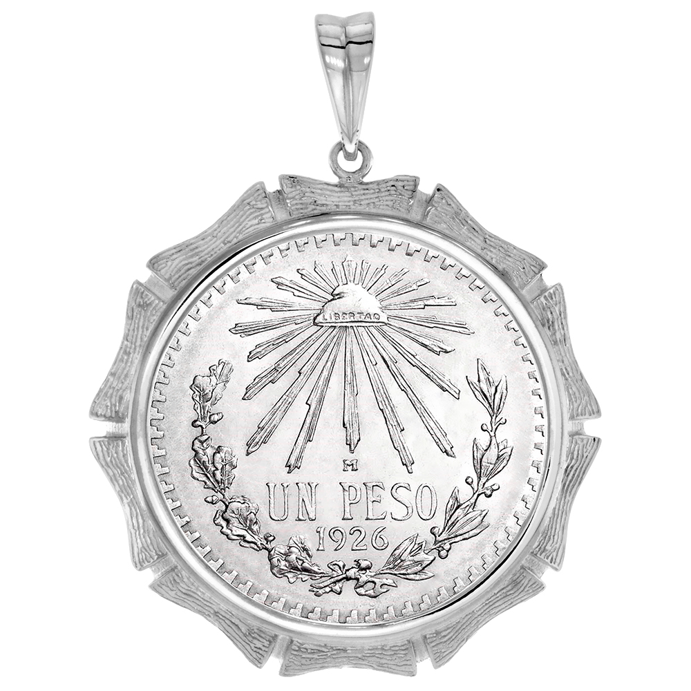 Sterling Silver Bamboo Shape Edge Mexican 1 Peso Bezel Pendant for 34 mm Coins Prong Back Coin NOT Included
