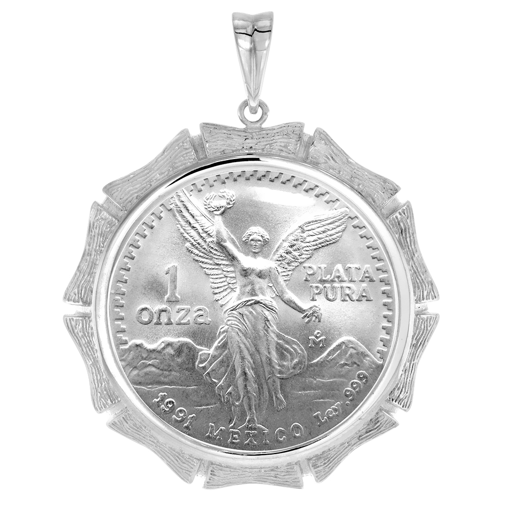 STERLING SILVER BAMBOO SHAPE EDGE 1 ONZA PLATA LIBERTAD BEZEL PENDANT FOR 36 MM COINS PRONG BACK COIN NOT INCLUDED