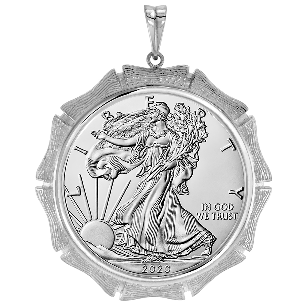 Sterling Silver Bamboo Shape Edge Silver Bamboo Shape Edge Eagle Bezel Pendant for 41 mm Coins Prong Back 1 oz Coin NOT Included