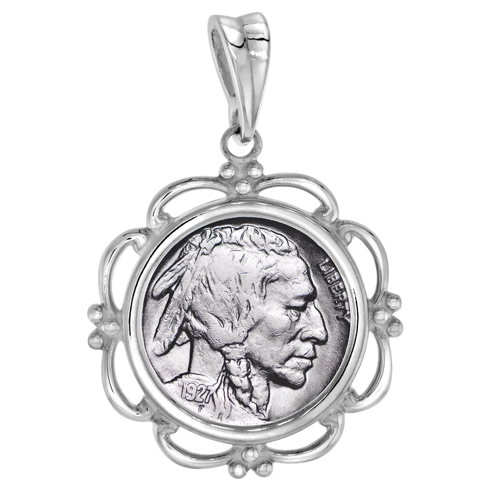 Sterling Silver Scalloped Nickel Bezel Pendant for 21 mm Coins Prong Back 5 Cent Coin NOT Included