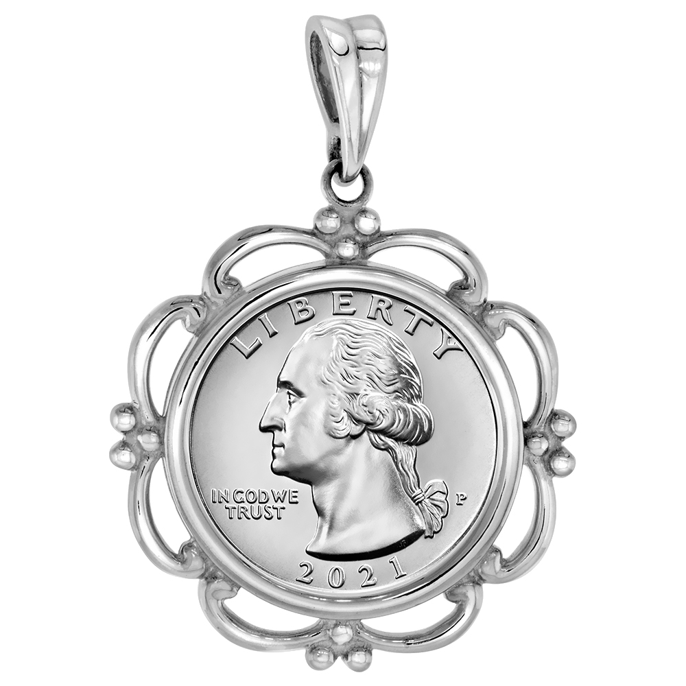 STERLING SILVER SCALLOPED QUARTER DOLLAR BEZEL PENDANT FOR 24 MM COINS PRONG BACK 25 CENT COIN NOT INCLUDED