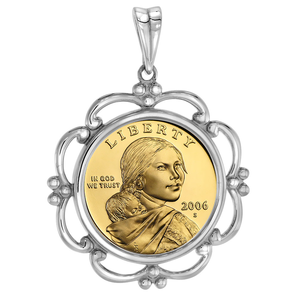Sterling Silver Scalloped Susan B. Anthony Bezel Pendant for Sacagawea 26 mm Coins Prong Back Coin NOT Included