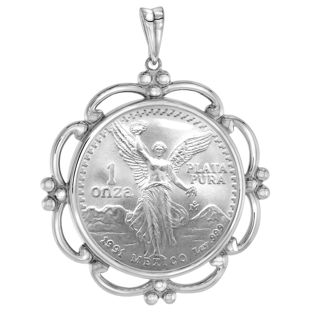 STERLING SILVER SCALLOPED 1 ONZA PLATA LIBERTAD BEZEL PENDANT FOR 36 MM COINS PRONG BACK COIN NOT INCLUDED