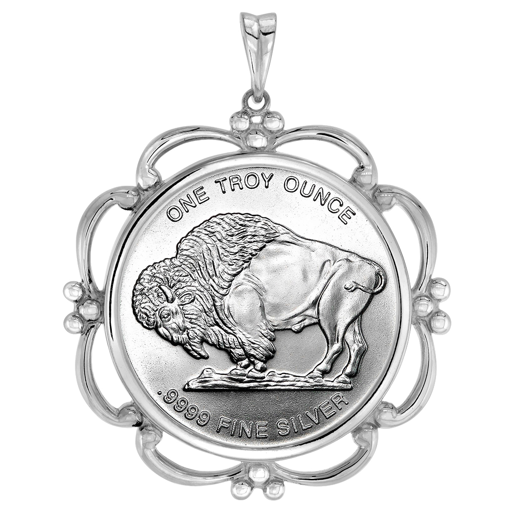 Sterling Silver Scalloped Mexican Cien Pesos Bezel Pendant for 39 mm Coins Prong Back Coin NOT Included