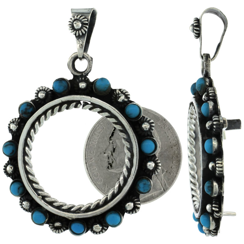 STERLING SILVER 22 MM (25 CENTS) COIN FRAME BEZEL PENDANT W/ TURQUOISE BEADS & FLORAL EDGE DESIGN